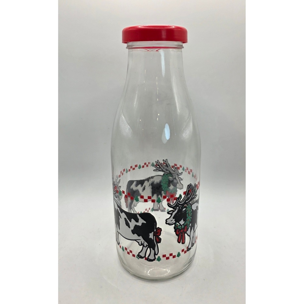 Vintage Style Christmas Cow Glass Milk Bottle Red Lid Holiday Reindeer Decor